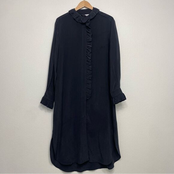 Samsøe Samsøe Jade Shirt Dress Color: Sky Captain 100% Silk Ruffle Midi Size S - Picture 1 of 10